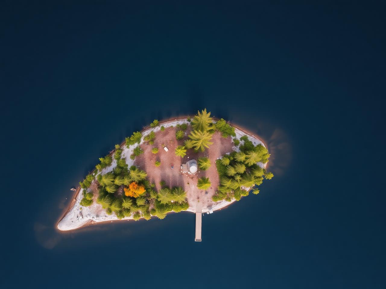 Forested lake island for sale in Canada with a private wooden dock