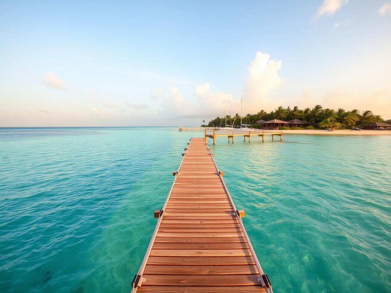 Wooden dock reaching into clear turquoise water beside a private island