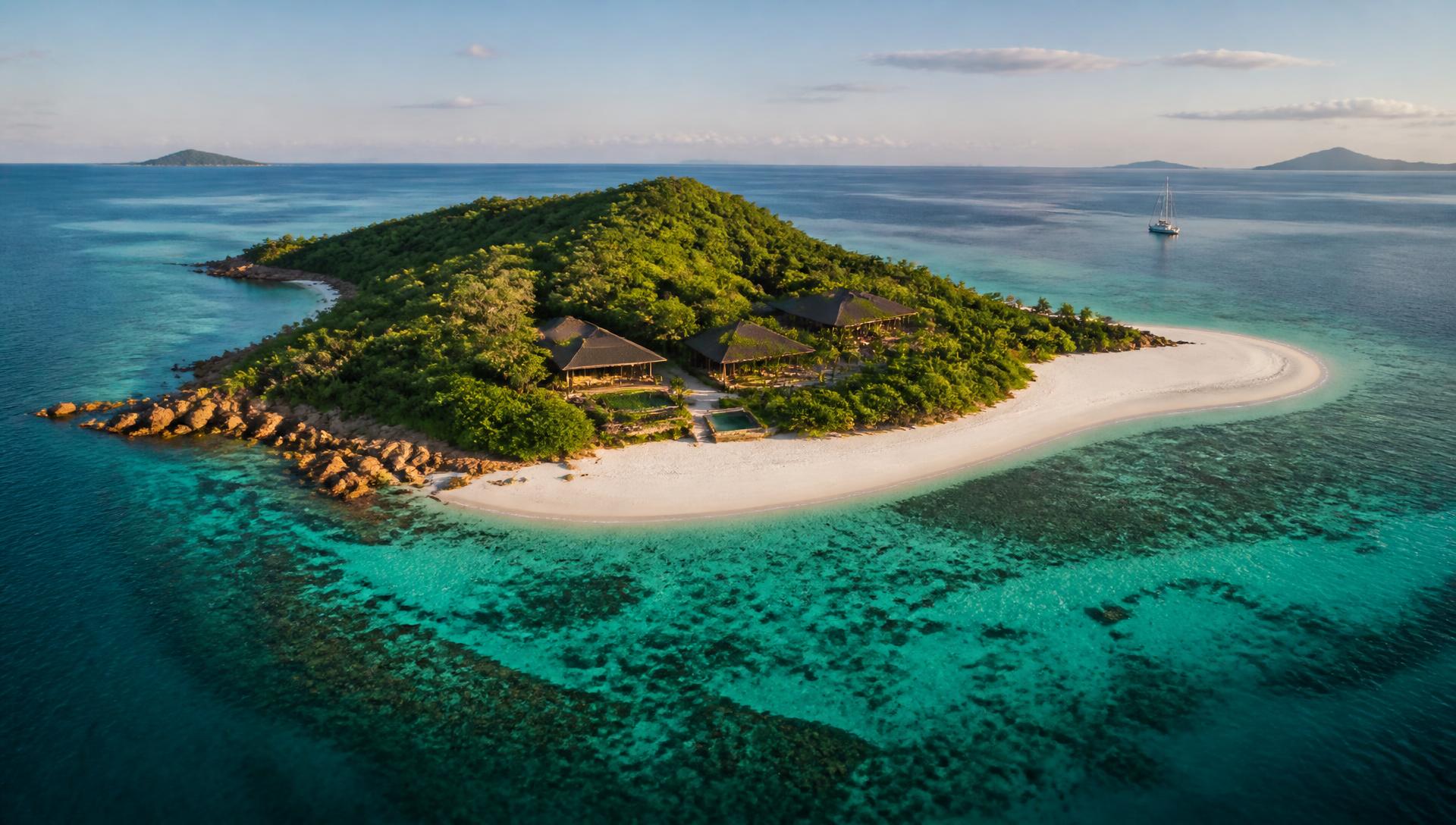 Aerial view of a private island for sale surrounded by turquoise water and white sand beach