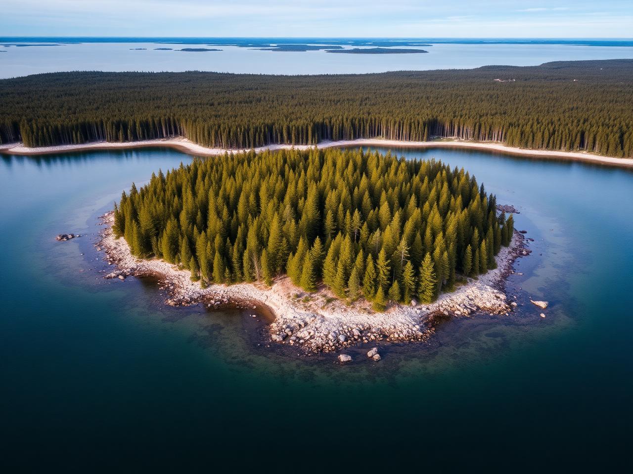 Forested private island for sale in Northern Europe with a rocky shoreline