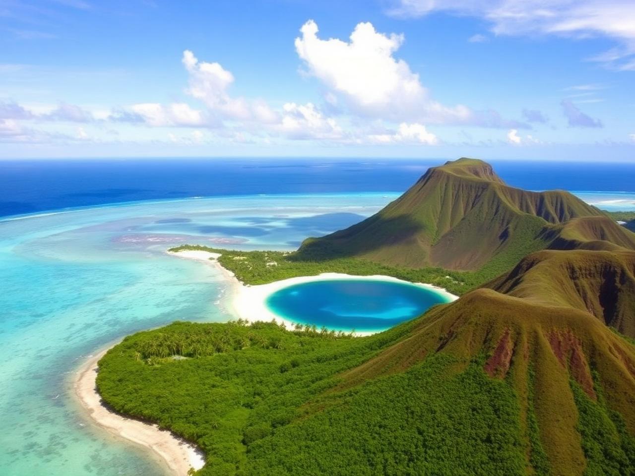 Private island for sale in Fiji with green hills and a reef lagoon